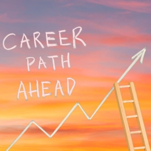 career path ahead, an upwards arrow and a ladder to insinuate growth