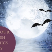 A bright full moon with silhouettes of bats flying