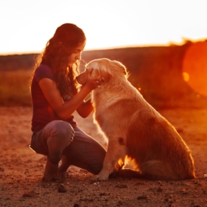 Pet psychic1 a woman petting her dog in the sunset