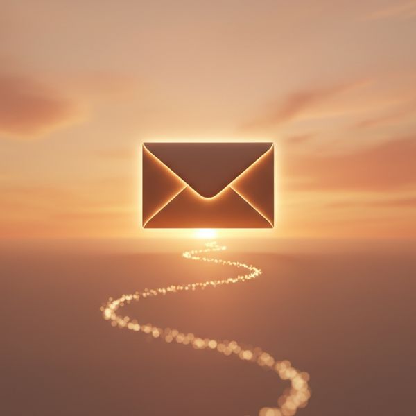 an envelope floating in a bronze coloured sky