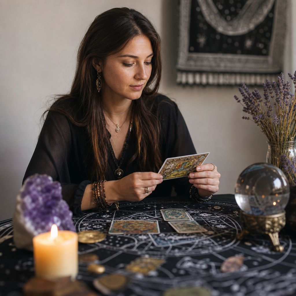 An array of tarot cards spread out on a table.