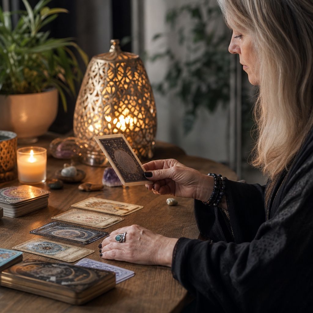 A set of tarot cards spread on a table