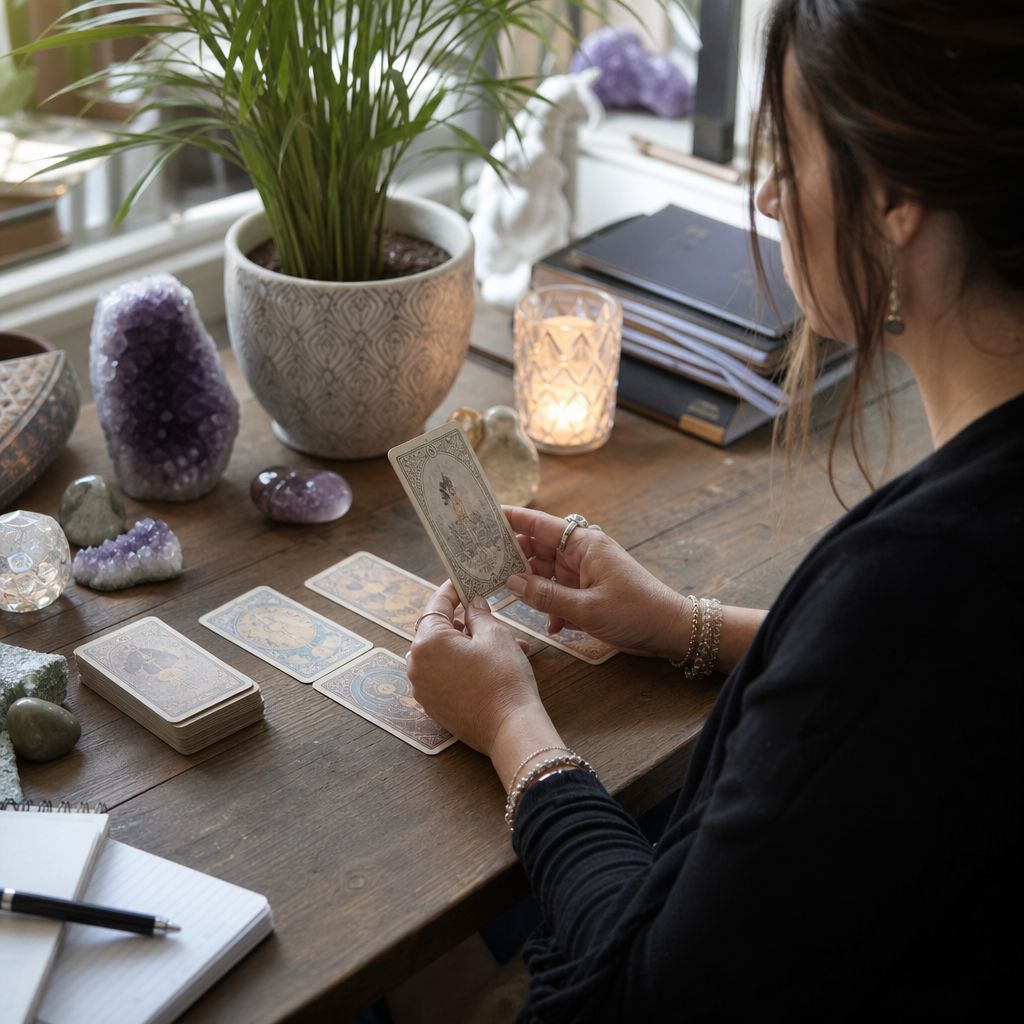 A person consulting a tarot reader